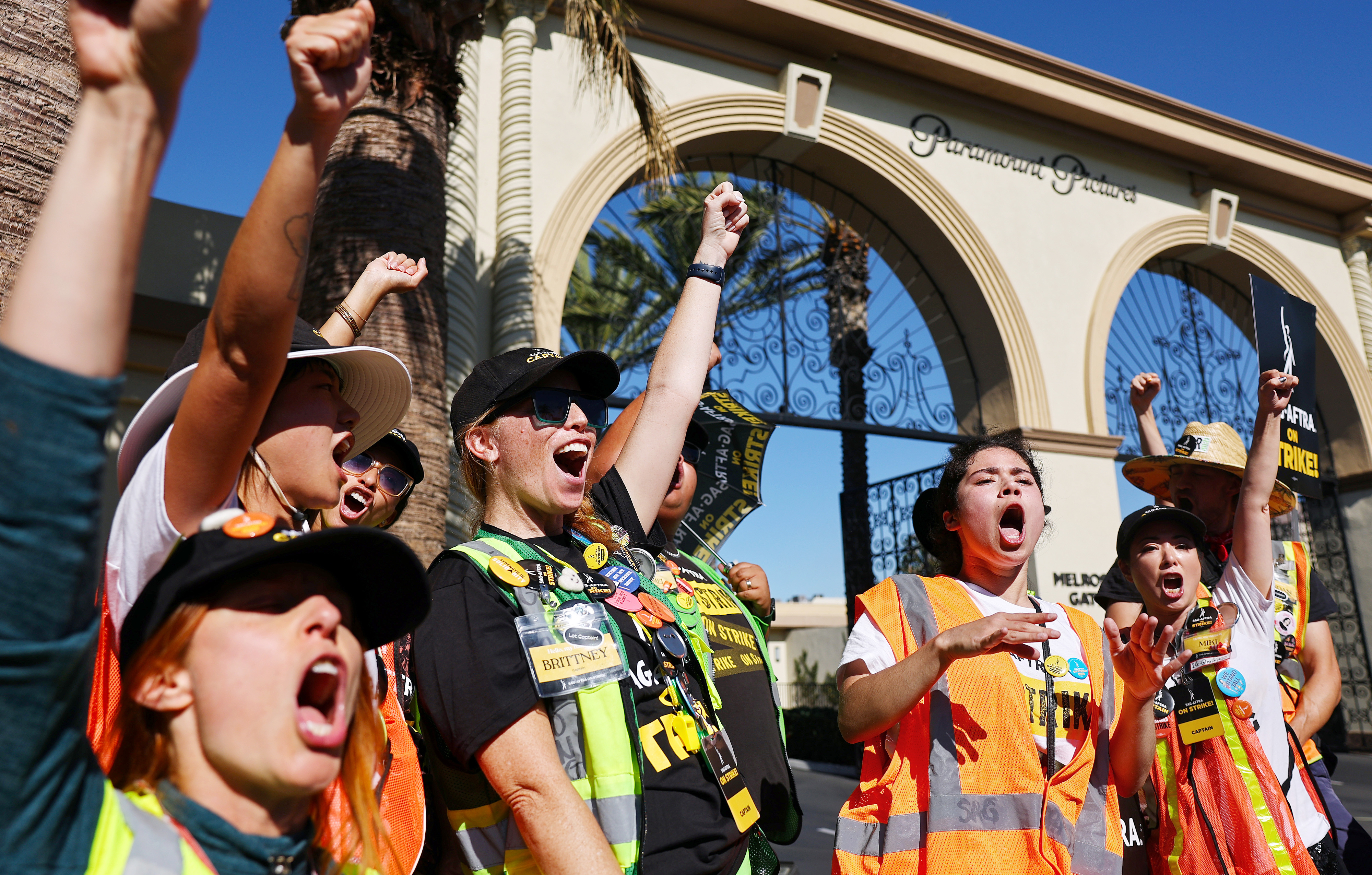 People demonstrating outside Paramount Pictures studio