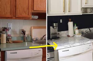 old looking kitchen, same kitchen with white marble look countertops