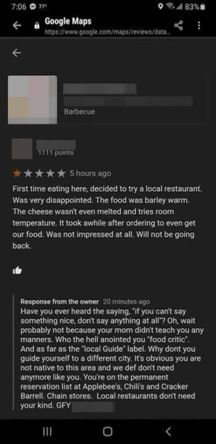 person writing a negative review for a restaurant on Google reviews and the restaurant responding and being mean to them
