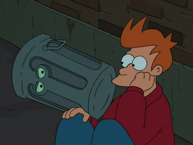 Trash can and Fry in an alley in Futurama