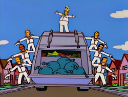 the garbage men on a waste truck in The Simpsons