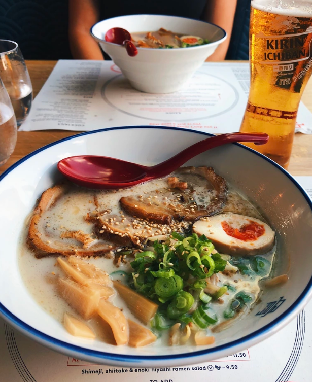 tonkotsu ramen in a bowl at a restaurant