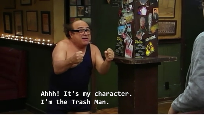 Frank Reynolds dressed as the trash man