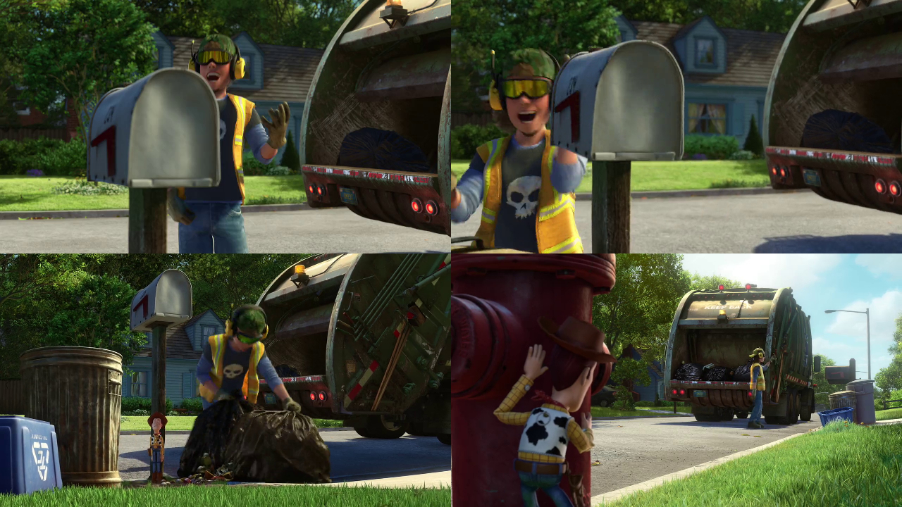 four images of Sid as a trash man in Toy Story 3