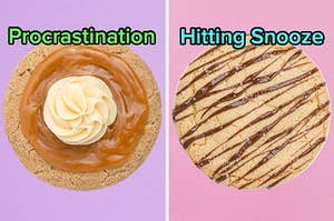 On the left, a dulce de leche cookie from Crumbl labeled procrastination, and on the right, a hazelnut sea salt cookie from Crumbl labeled hitting snooze