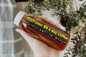 hand holding the amber-colored syrup "ditch your $5 a day coffee"