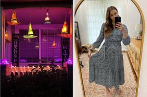 on left: glowing witch hat decorations hanging from ceiling. on right: reviewer wearing patterned ruffled maxi dress
