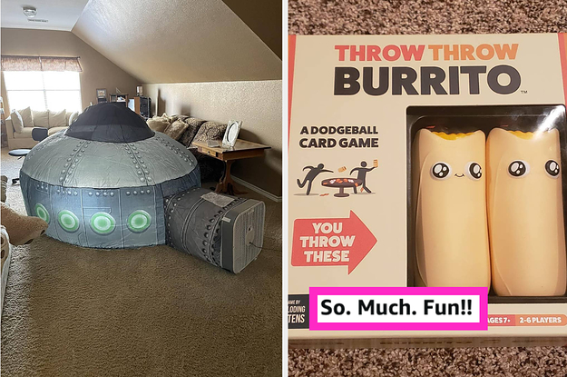 reviewers Air Fort connected to a floor fan designed to look like a spaceship and the reviewers Throw Throw Burrito game