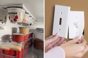 inside of fridge with yogurt holder mounted on ceiling, person putting draft blocking liner under switchplate