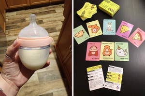 on left: reviewer holding small baby bottle, on right: colorful Taco Cat Goat Cheese Pizza game cards