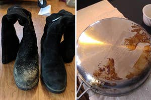 one suede boot with dirt and one without and half a pot cleaned of grime