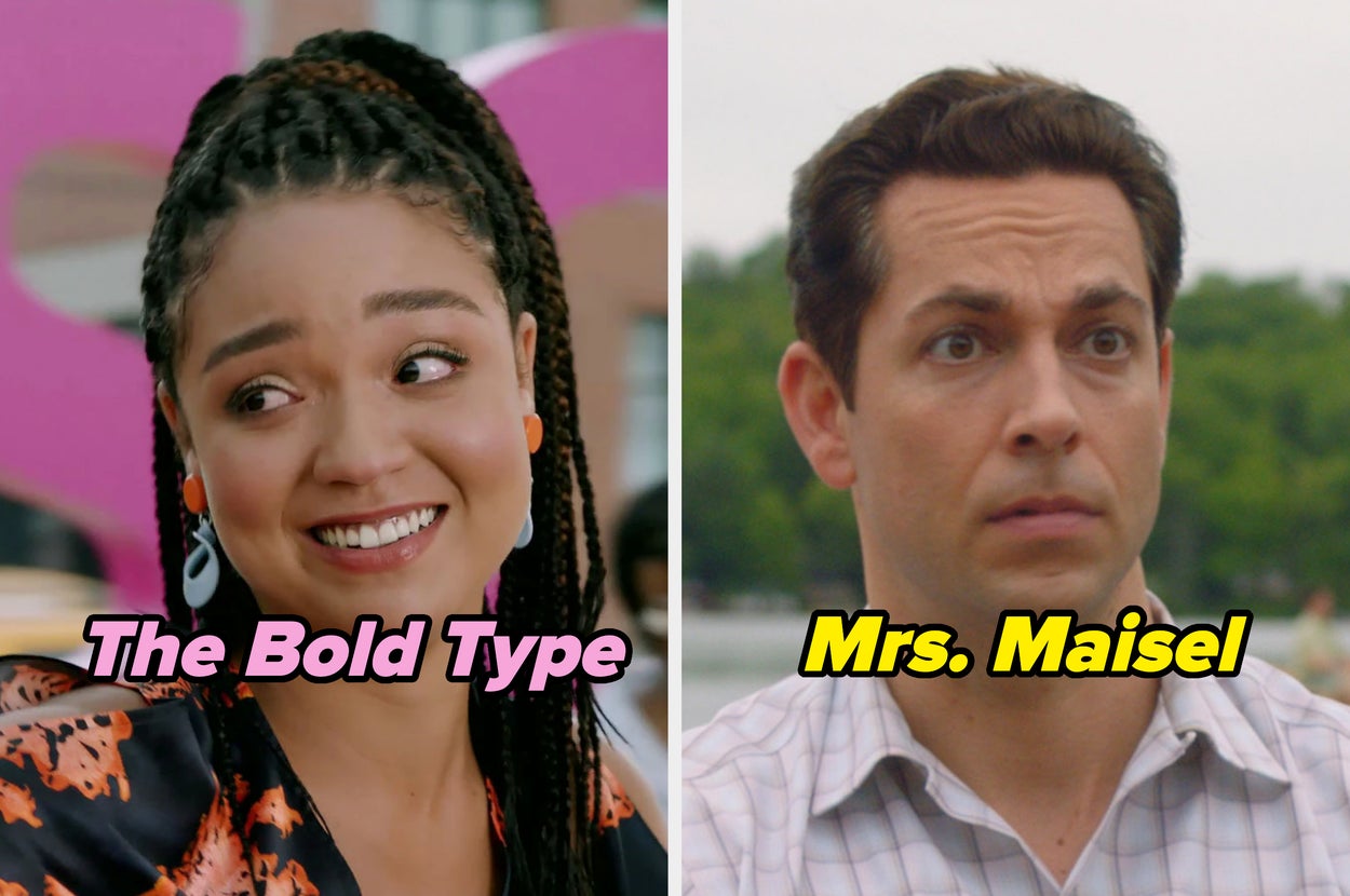 Kat from "The Bold Type" next to a separate image of Benjamin from "Mrs. Maisel"