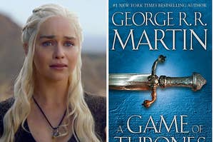 Danaerys from "Game of Thrones" cries next to a separate image of the book cover of "Game of Thrones"