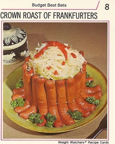 a recipe card for crown roast of frankfurters with an image of sliced hotdogs surrounding a cylinder of filling