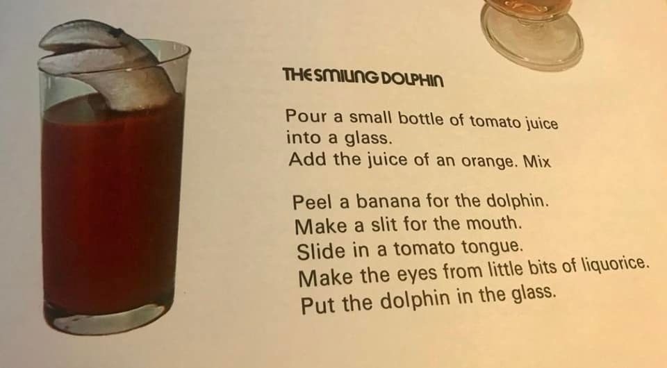 a recipe card for the smiling dolphin drink with a photo of a glass of tomato and orange juice and a banana shaped as a dolphin