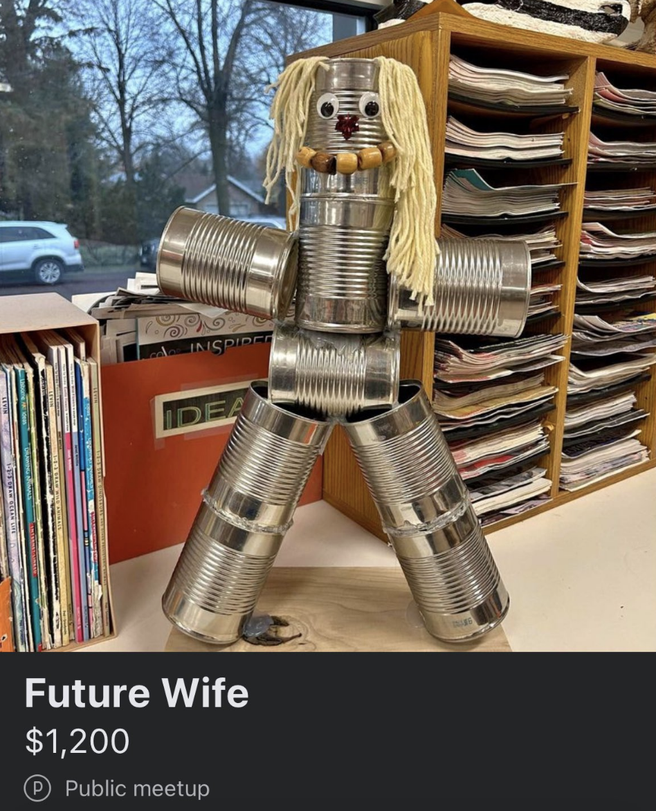 future wife sculpture made of vegetable cans for sale