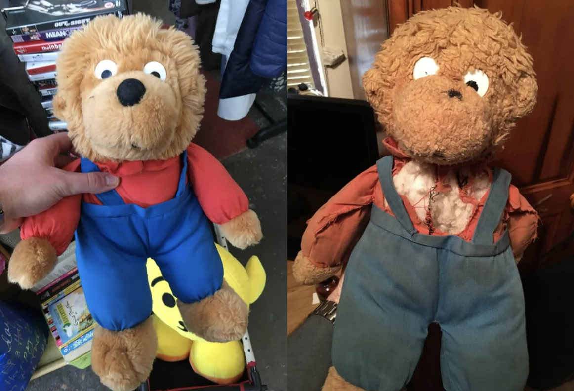 The old bear&#x27;s overalls are dirty, it&#x27;s shirt is partly missing, and one eye is missing a pupil