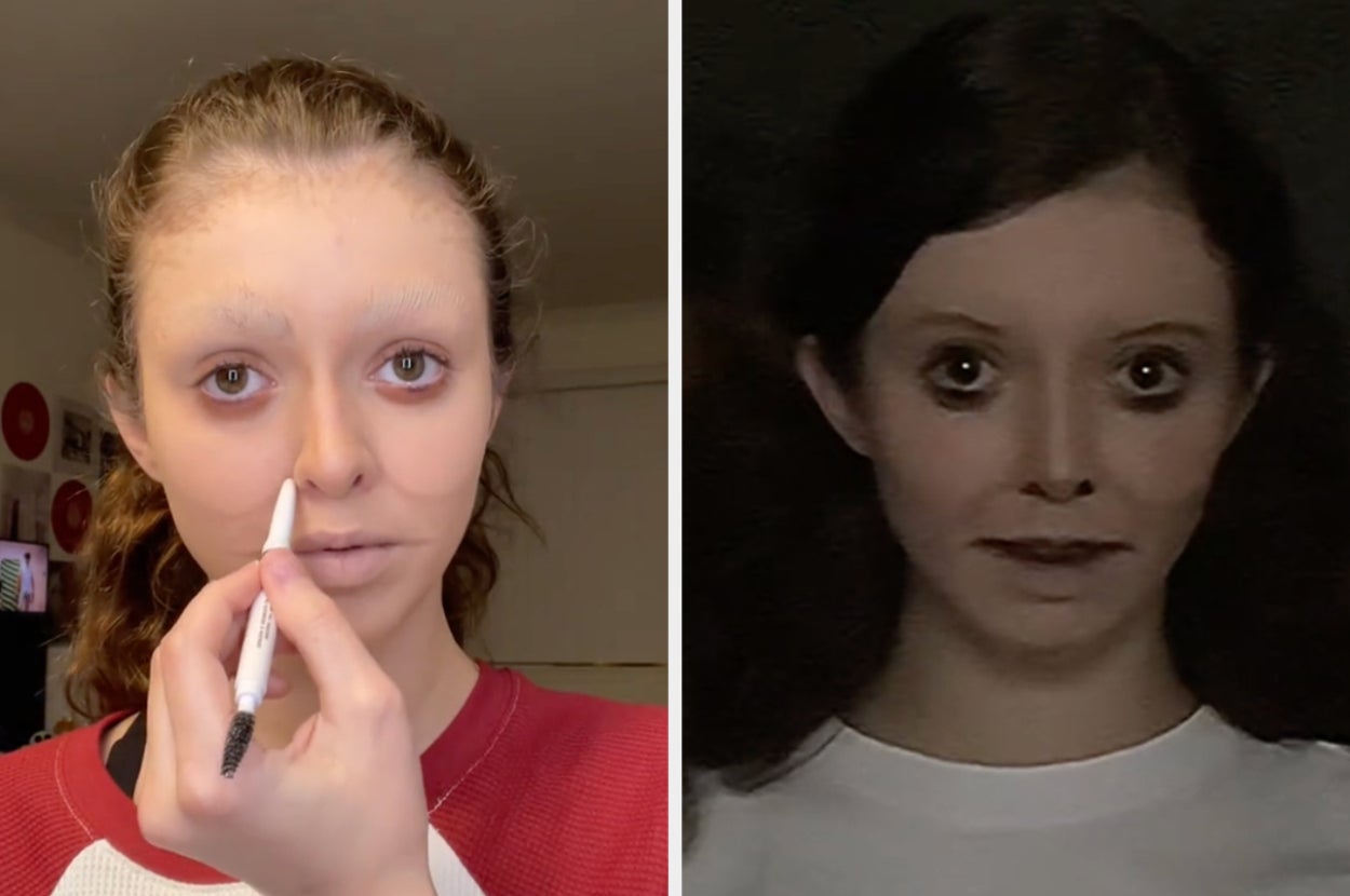 a woman applies unconventional makeup; the same woman in darker lighting and the makeup looks scary