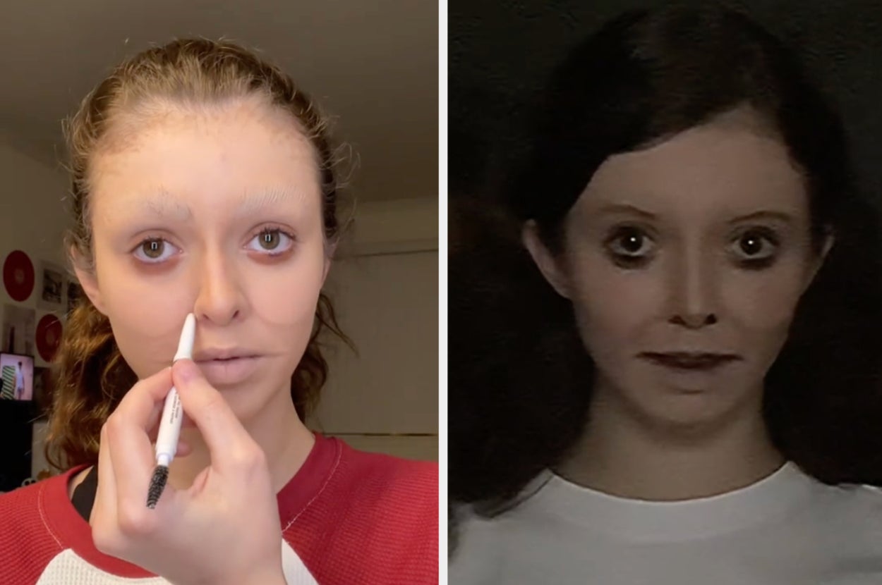 a woman applies unconventional makeup; the same woman in darker lighting and the makeup looks scary