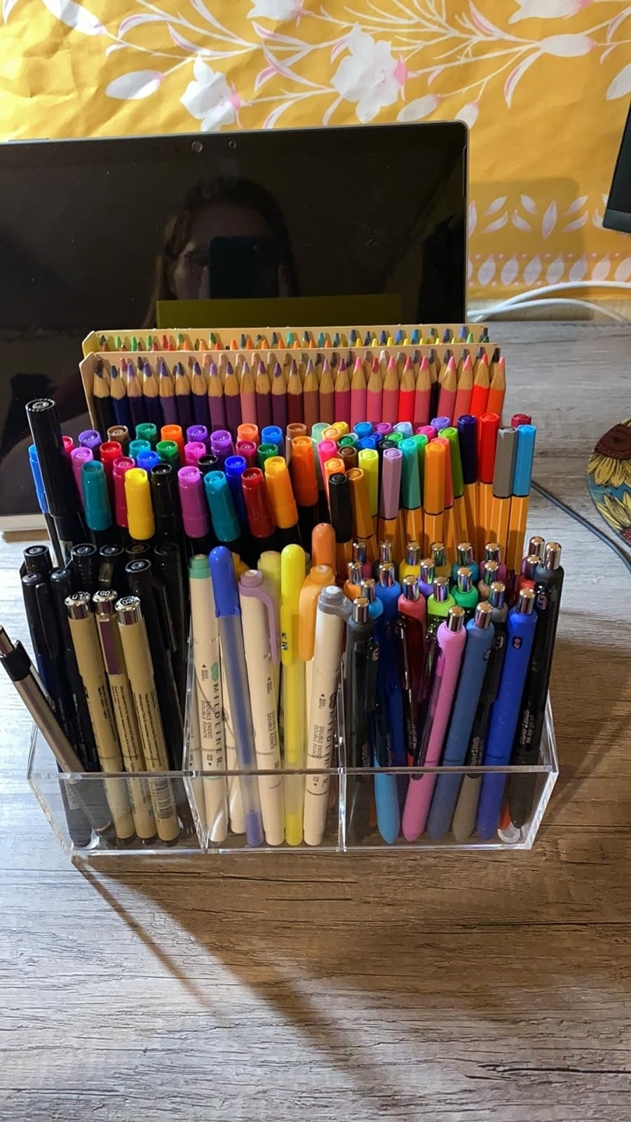 acrylic desk organizer with colorful pens