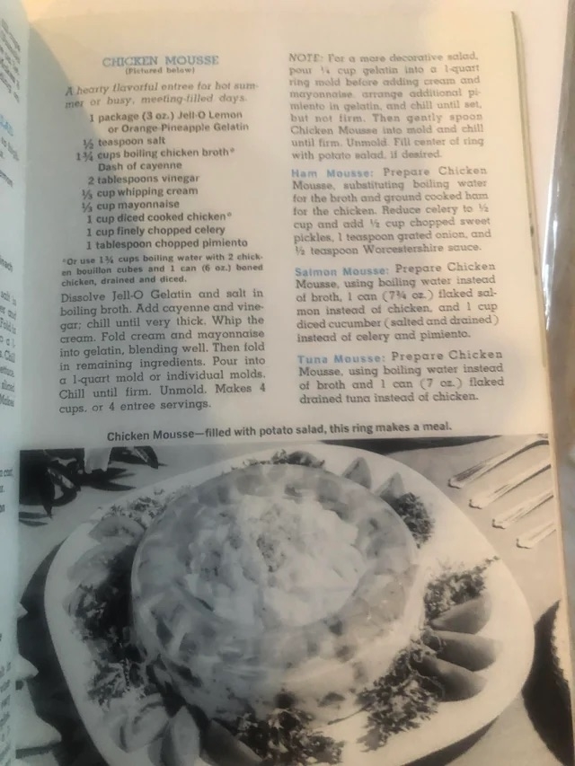 a recipe for chicken mousse with an image of a ring of mousse filled with potato salad