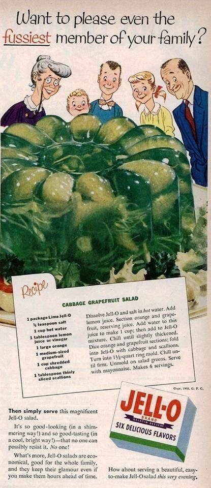 a recipe card for cabbage grapefruit salad alongside an image of a green molded jell-o