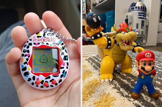 reviewer holding colorful Tamagotchi toy with virtual pet on the screen and Bowser, Bob-omb, and Mario action figures