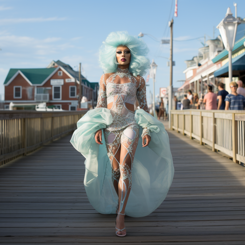 person walking on a boardwalk wearing a lace cover with cutouts