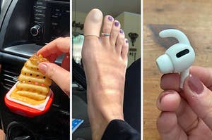 on the left a car dip clip, in the middle a silicone big toe cover, on the right airpods hooks