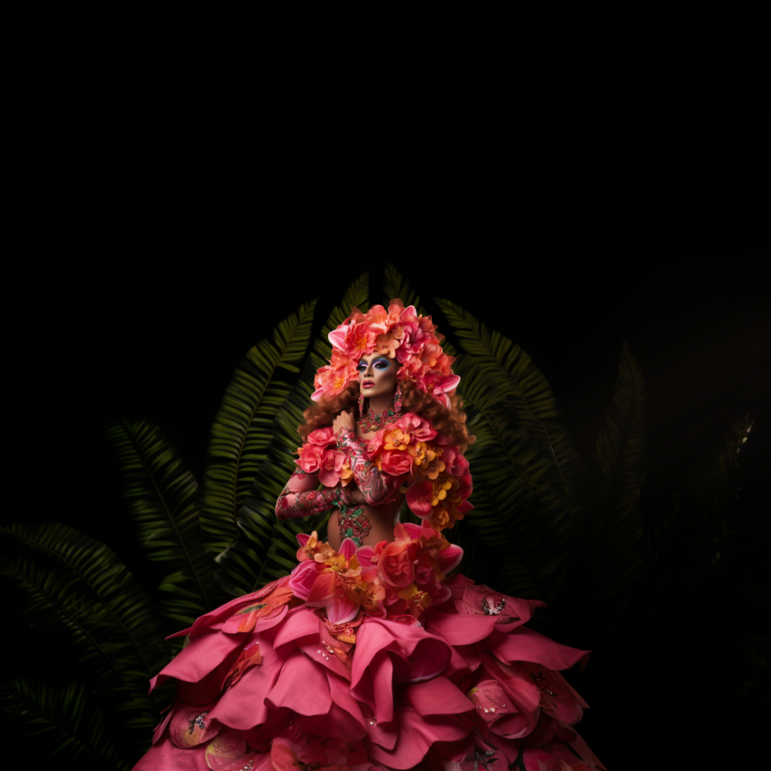 person wearing a dress made of large flower petals