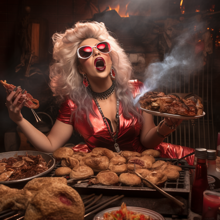 person with a bunch of fried food in front of them wearing a shiny top and sunglasses