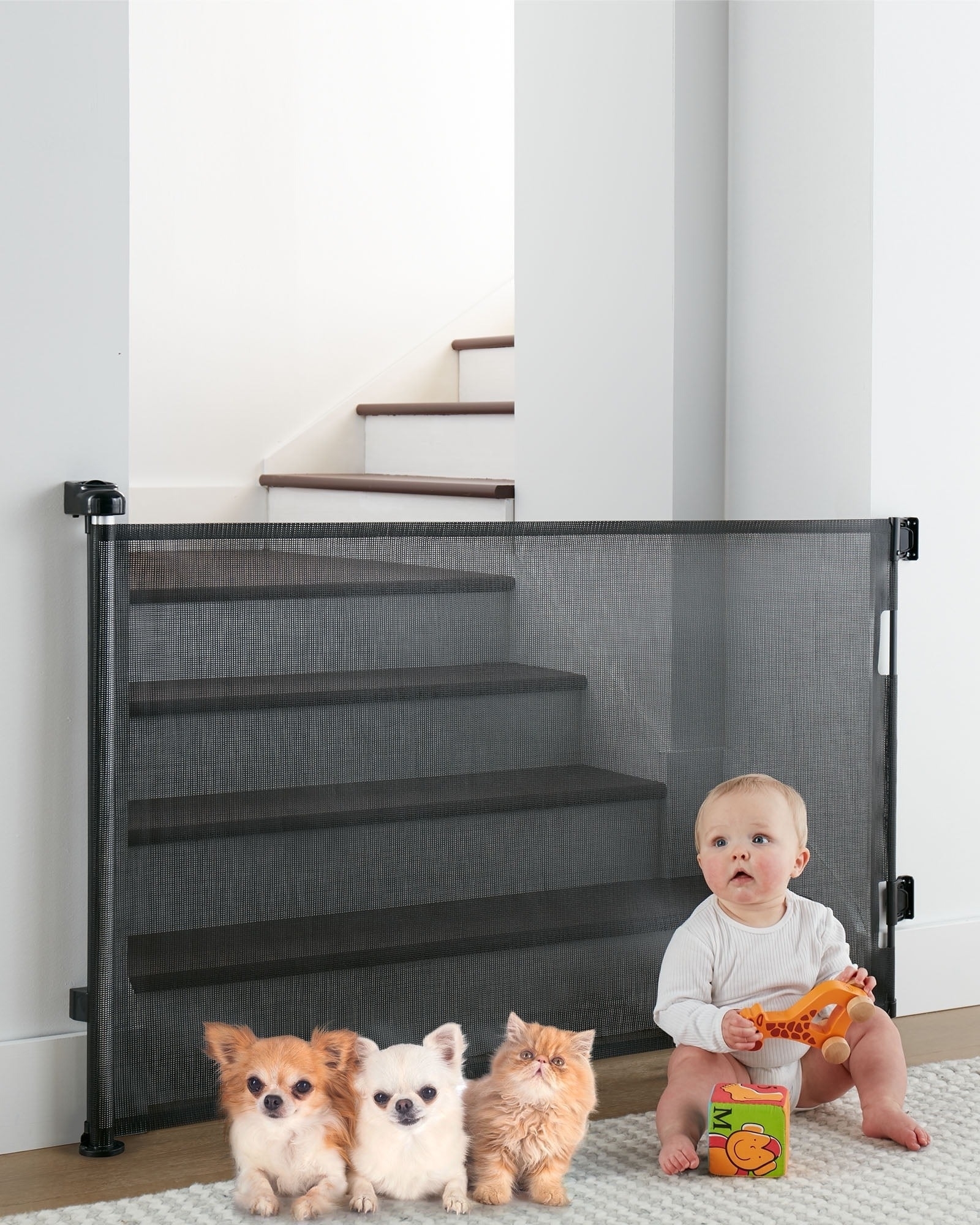A baby and pets sit in front of a baby gate