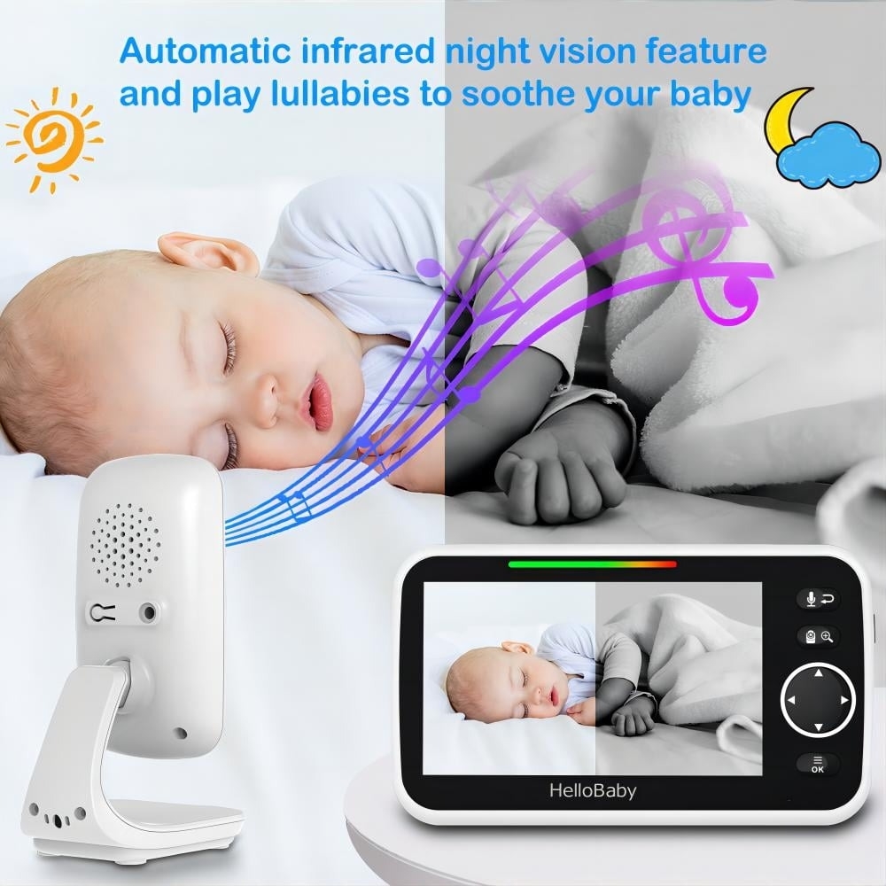 A baby sleeps while a baby monitor is pictured