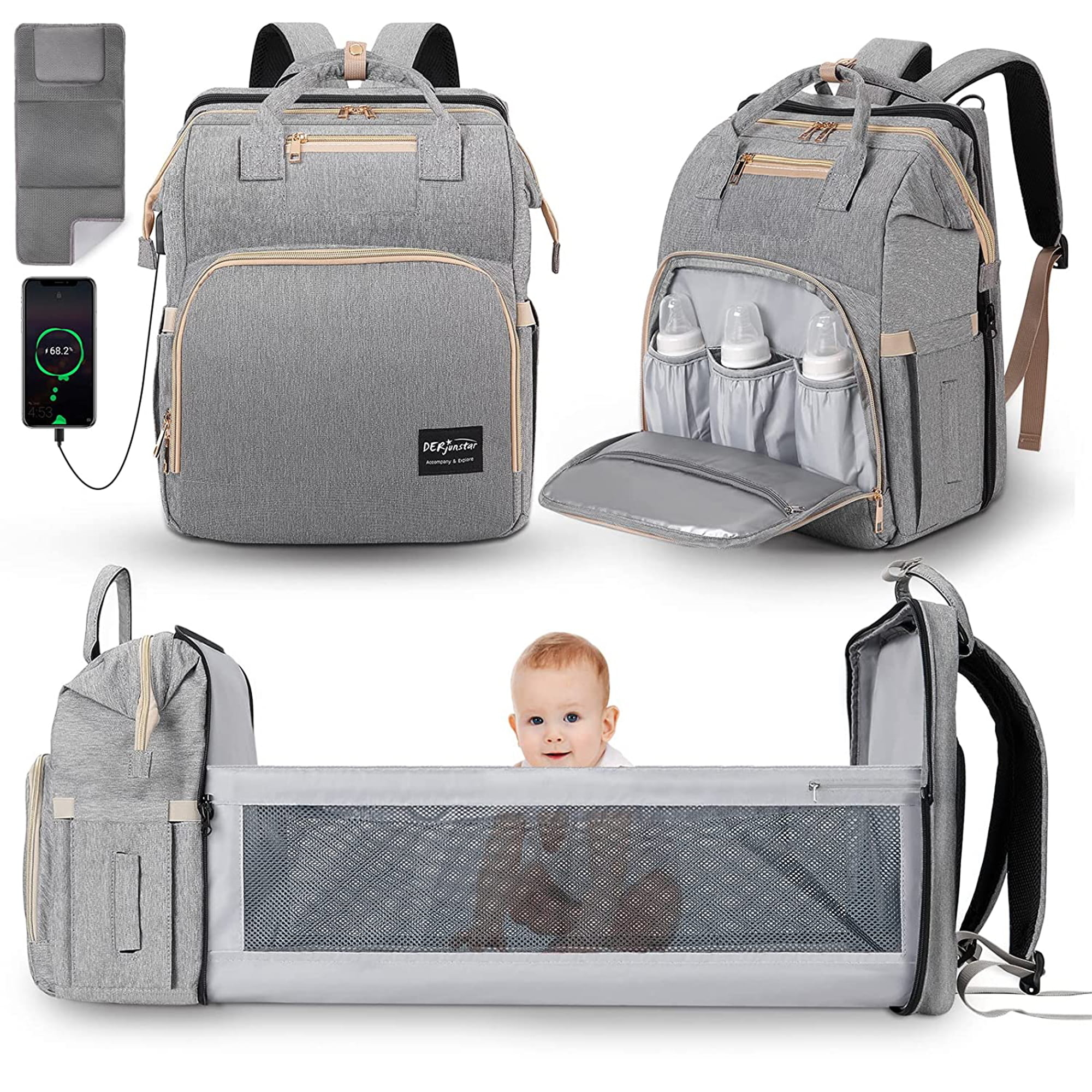 Multiple view of the same diaper bag to demonstrate features. It Charges your cell phone, has 3 bottle holders and an expandable diaper changing station.