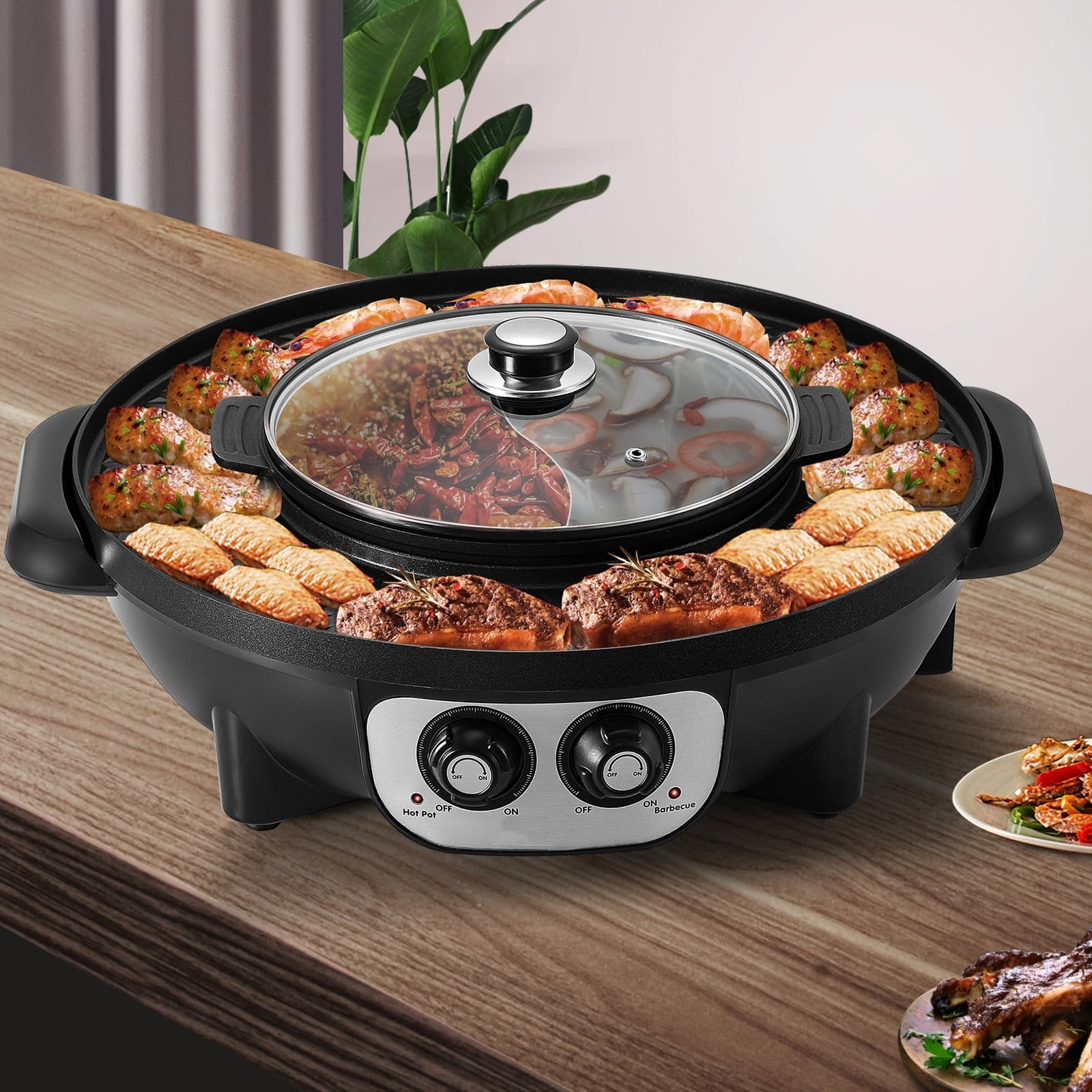 a combination hot pot bbq grill on a table (the hot pot pot sits within a ring of grilltop).