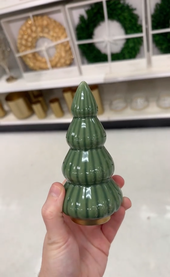 A close-up of another multi-tier, tree-shaped ornament