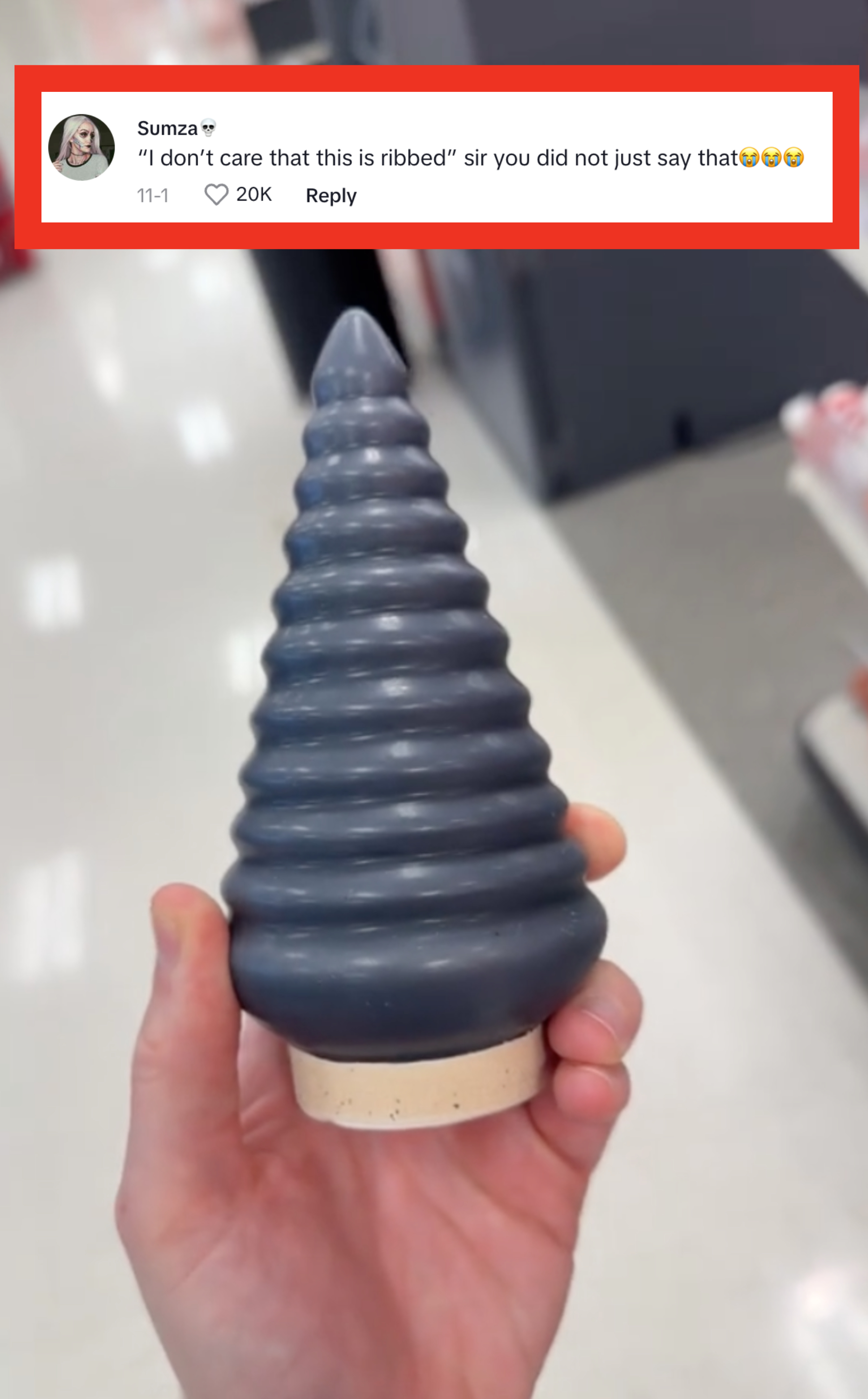 Another tree-shaped ornament with many "ribs" or tiers, with comment: "'I don't care that this is ribbed" sir you did not just say that [with laugh-cry emojis]"