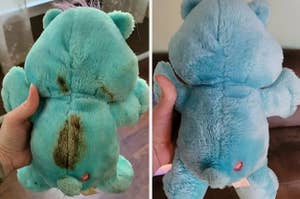 A reviewer holding stuffed animal with a stain/The same stuff animal now stain-free