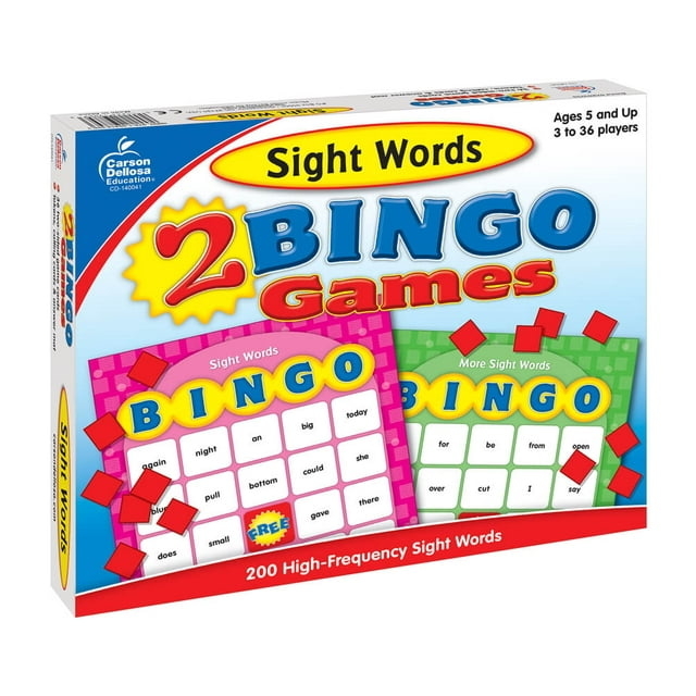 Bingo games supplies with various sight words in the boxes