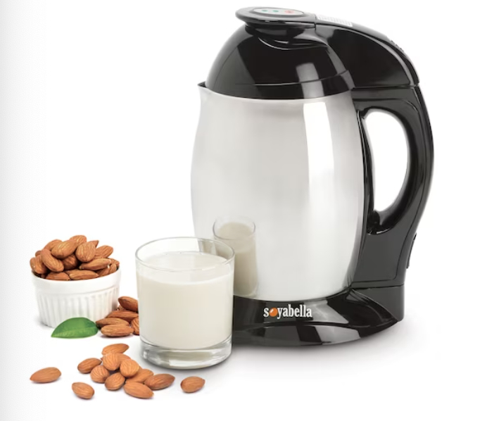 a soyabella blender on a white background next to a cup of almonds and a glass of almond milk