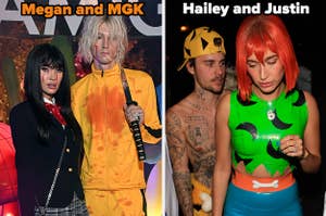 Megan Fox poses with Machine Gun Kelly vs Justin Bieber walks behind Hailey Bieber