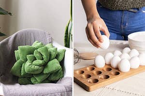 a succulent pillow on a chair and a wooden egg holder rack. 