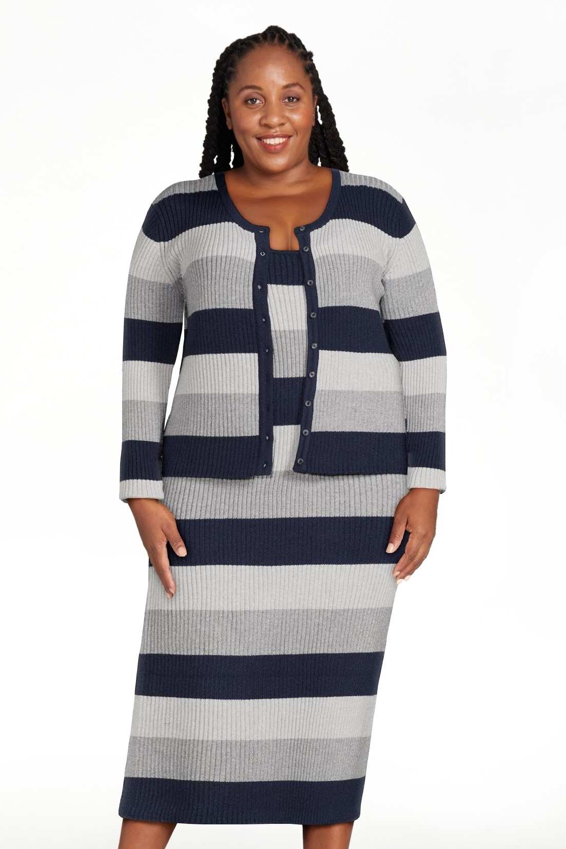 model wearing the blue and white striped dress set with cardigan