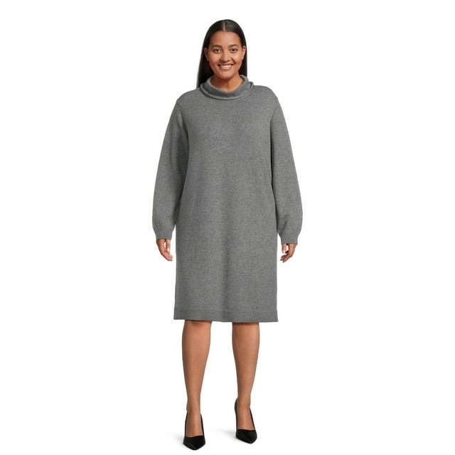 model wearing the gray sweater dress