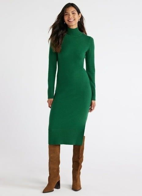 model wearing the long green dress
