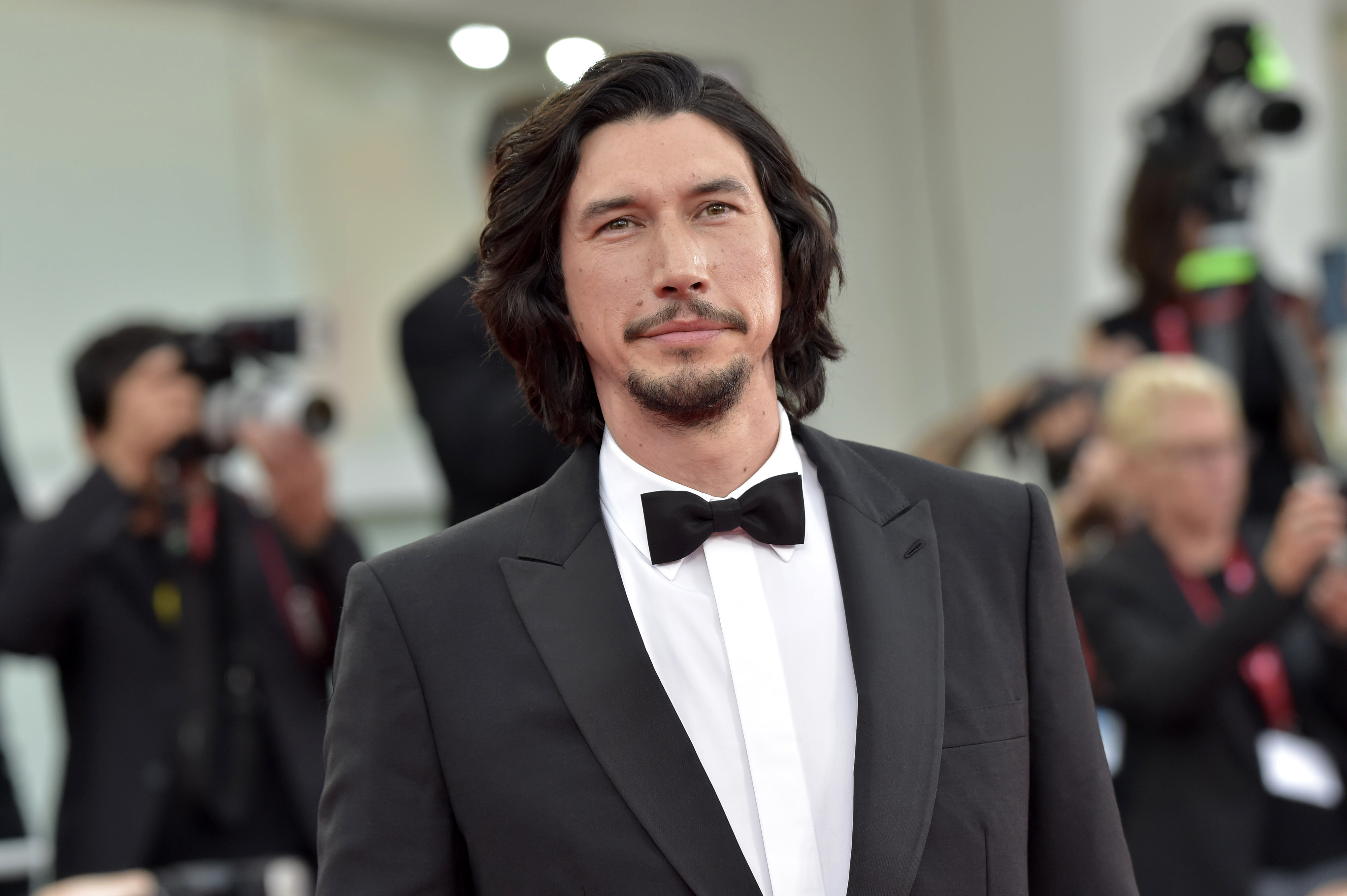 Closeup of Adam Driver in a tuxedo