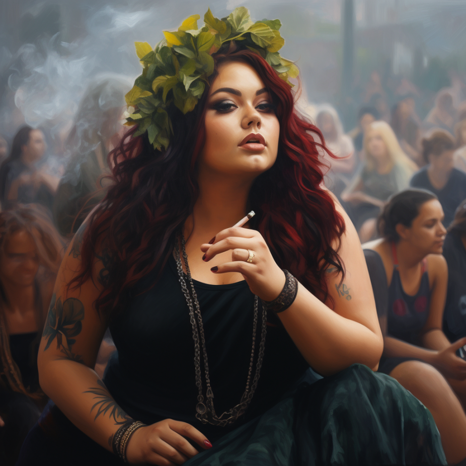 A woman smoking and wearing a flower crown at an outdoor even