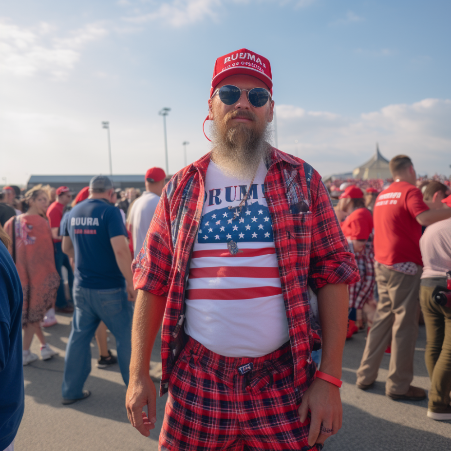 A Republican man in red gear at a rally