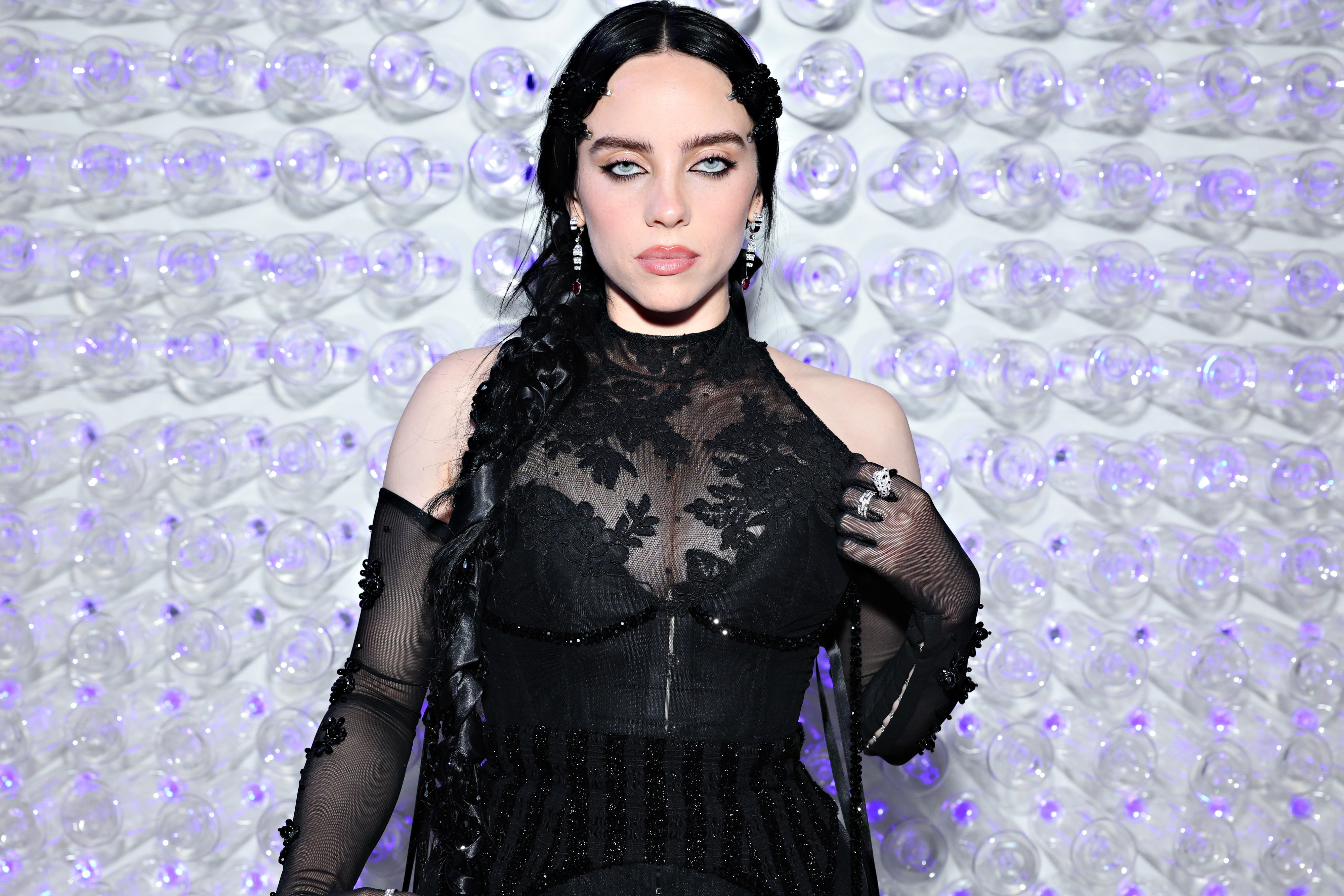 Close-up of Billie at a media event