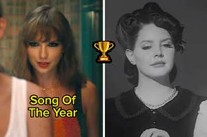 Taylor in the "Anti-Hero" video next to Lana Del Rey in a separate image